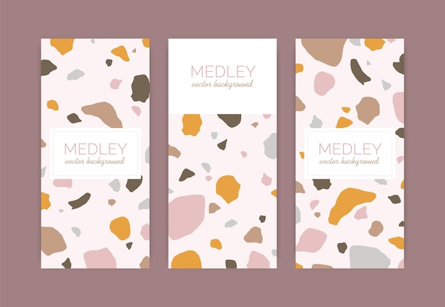 Set of card templates with terrazzo pattern. Trendy Venetian background with various organic geometric shapes and place for text. Collection of colorful vertical banners. Flat vector illustration.