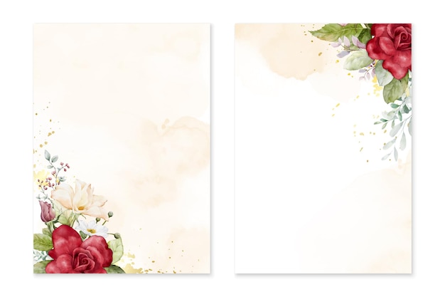 Set of card templates with watercolor roses bouquets on yellow stains