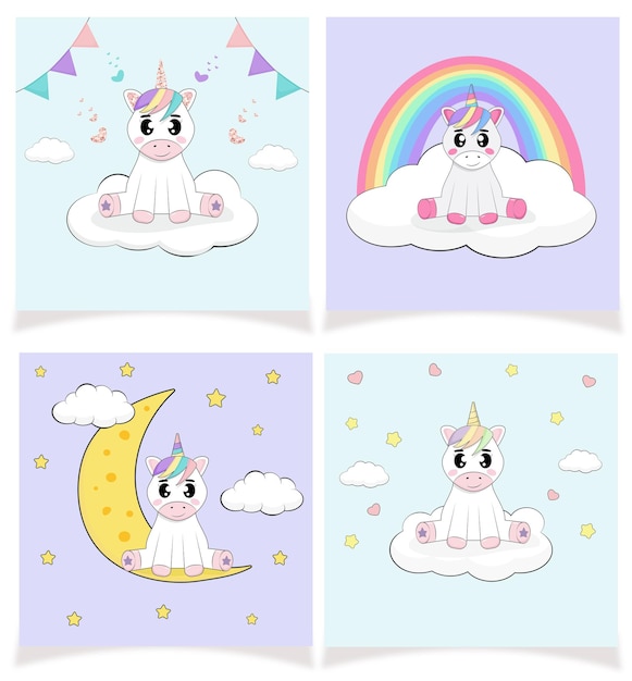 Set of card with cute little unicorn