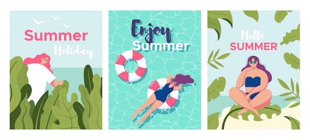 Set card with Girl relaxing on the beach and pool with palm leave. Summer vacation poster or flyer design template with cute female. Party invitation. Modern cartoon style. illustration