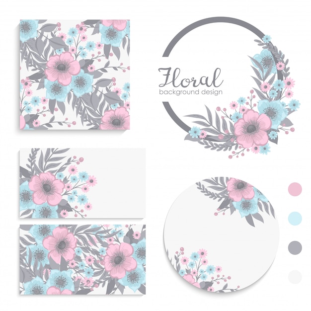 Set of card with pink and blue flowers