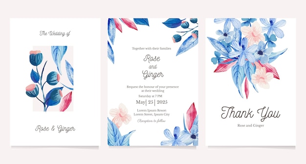 Set of card with watercolor flower. Greeting card, wedding invitation design template
