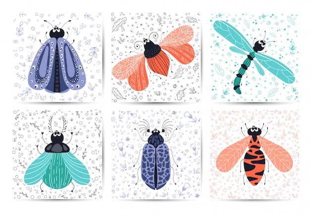 Set of cards - cartoon bug or beetle, butterfly, flat 