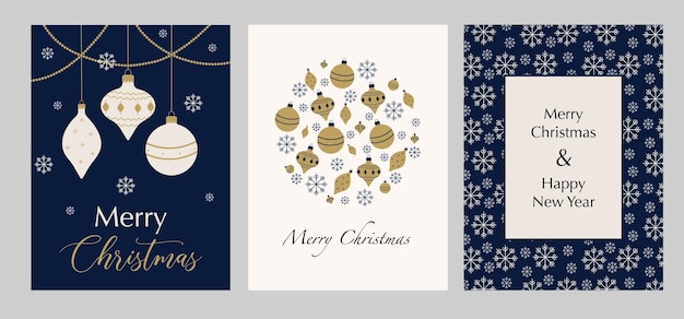 Set of cards for Christmas and New Year with Christmas toys and snowflakes