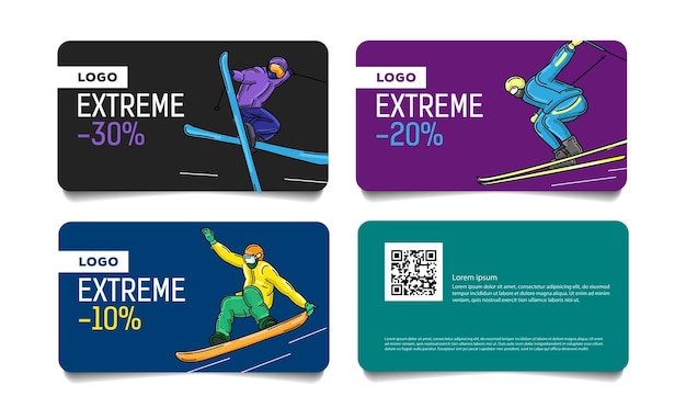 Set of cards discount vouchers for ski pass or advertisong with colorful illustrations of