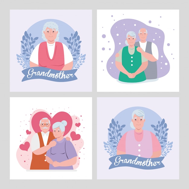 Set cards of happy grand parents day with cute old people illustration design