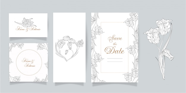 Set of cards and invitations with flowers. Spring flowers. Tulips.