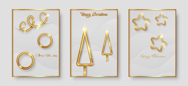 set cards Merry Christmas gold texture, golden luxury elements, white paper cut background