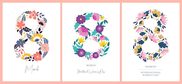 Set of cards, posters, prints for international women’s day with flowers, leaves and quotes