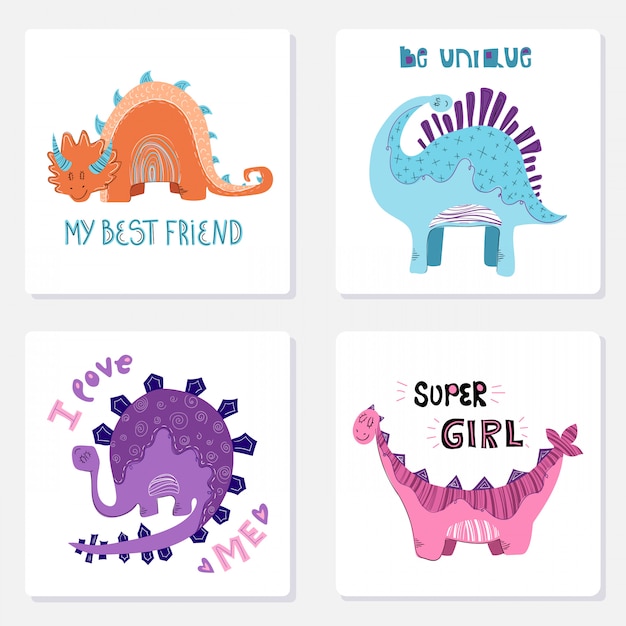 Vector set of cards with cartoon dino