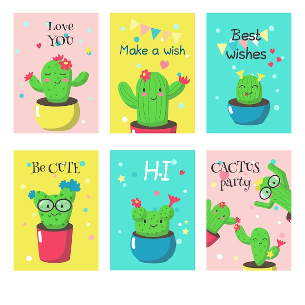  set of cards with cute funny cactuses and quotes