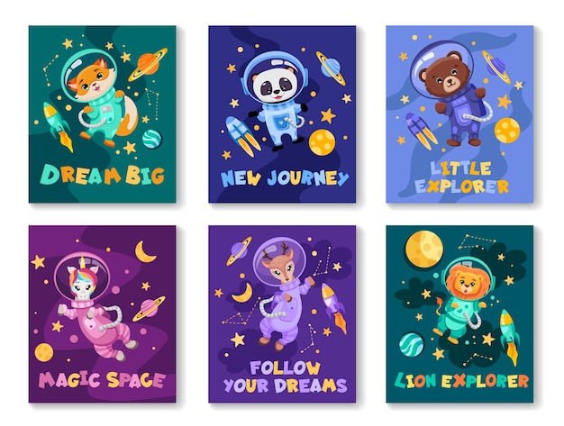 Set of cards with different sign slogans and cute animals astronauts in space suits Hand drawn vector illustration for children print design nursery invitation notebook cover or greeting cards