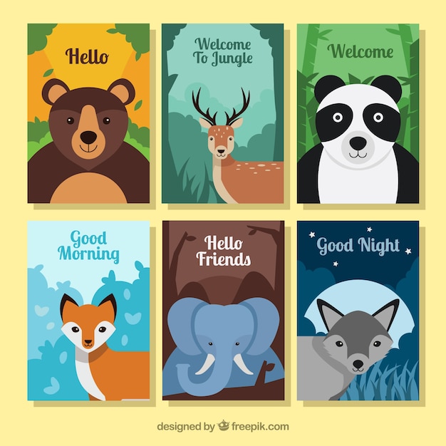 Set of cards with flat wild animals