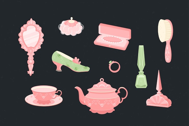 A set of care items for a queen or princess. Mirror, hairbrush, perfume, box with pearl beads, ring, shoe, puff, hairbrush. As well as a kettle and a pink tea mug. illustration in flat style.