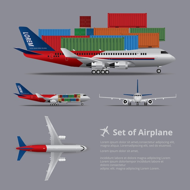 Set of Cargo Ship Airplane Isolated Illustration