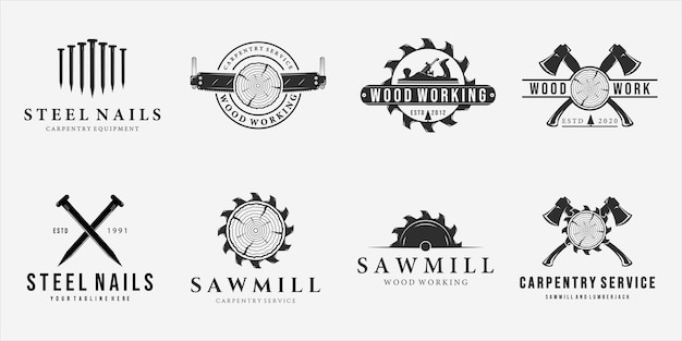 Set of carpentry logo vintage vector illustration template design. bundle collection of various craftsman or carpenter equipment sawmill hammer ax nails wooden lumberjack jack plane logo icon design