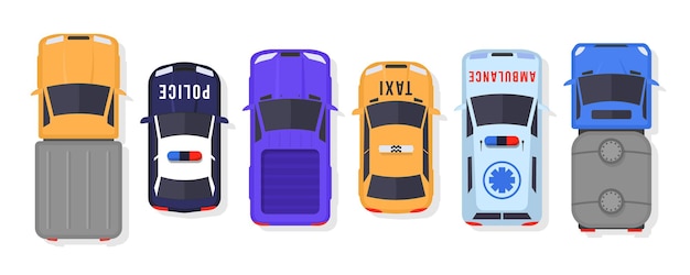 Set of cars and trucks top view in flat style