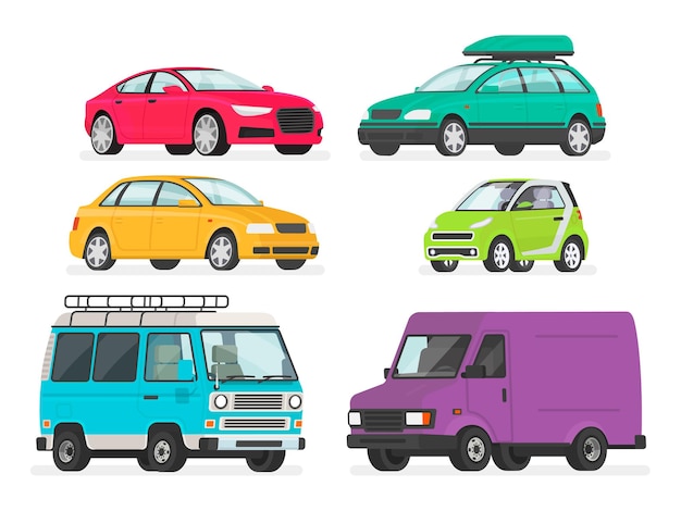 Set of cars. Vehicles, sports car, sedan, station wagon, electric car, minivan, truck.