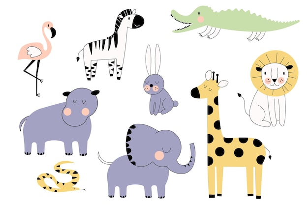 Set of cartoon African animals A Giraffe a lion an elephant a zebra a hippo Vector EPS