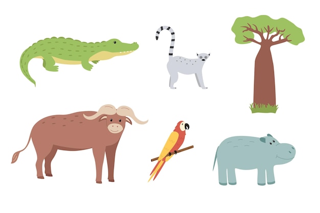 A set of cartoon animals of Africa vector illustration of cute funny animals