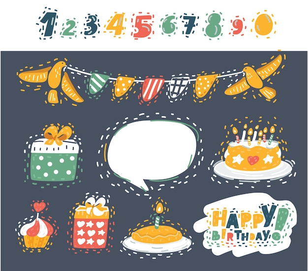 Set of cartoon birthday party element