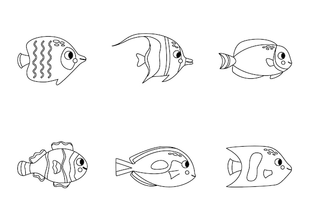 Set of cartoon black and white sea fish