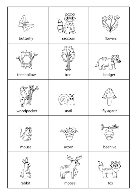 Set of cartoon black and white woodland animals with names