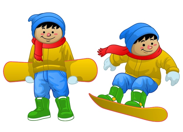 Set of cartoon boy riding the snowboard