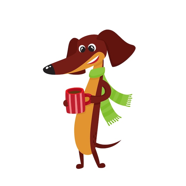 set of cartoon brown funny dachshund, dog character with cup of hot tea, coffee and scarf 