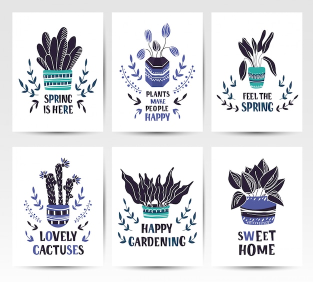 Vector set of cartoon cards with home potted plants or flowers