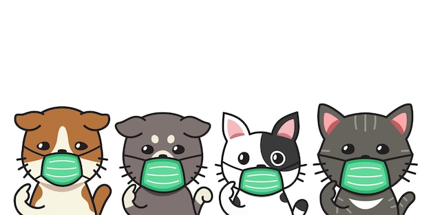 Set of cartoon cats wearing protective face masks for design.