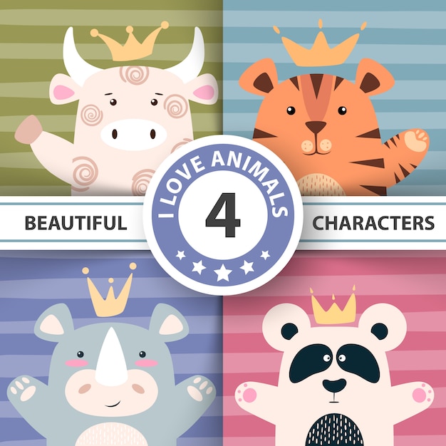 Set cartoon characters - bull, panda, tiger, rhino