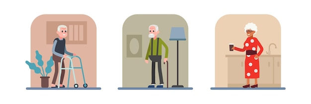 Set of cartoon characters of different senior people