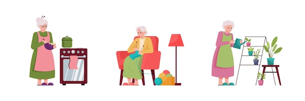 Set of cartoon characters of grandmothers doing their household duties