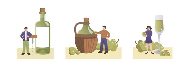 Set of cartoon characters making wine from organic grapes