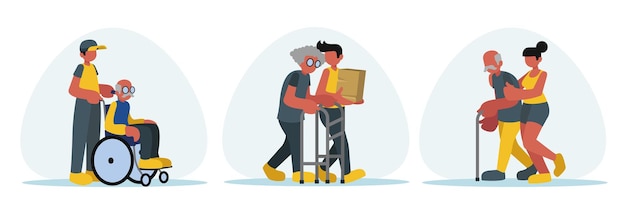 Vector set of cartoon characters of volunteers helping senior people with disability