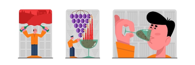 Set of cartoon characters of young people making and tasting organic wine