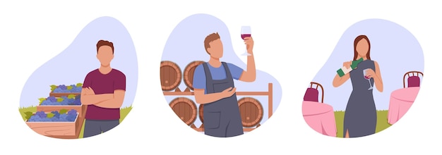 Vector set of cartoon characters of young people manufacturing organic wine