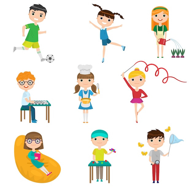 Set cartoon children with different hobbies against white background