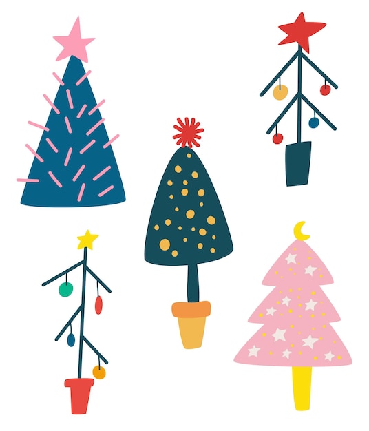 Set of cartoon Christmas trees. Winter forest. New Year decor. Holidays party green fir with garland decoration. Decorated xmas trees. Flat vector collection for holiday design.