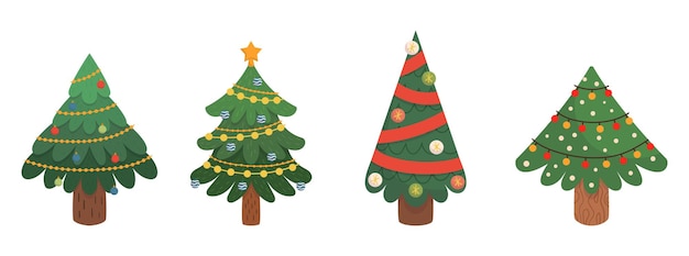 Set of Cartoon Christmas Trees Winter Holiday Isolated Pines for Greeting Cards and Invitation Design Vector Collection