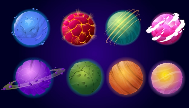 Set of cartoon colorful planets on space background