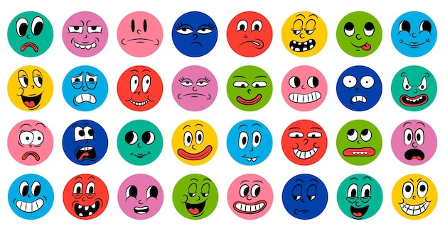 Set of cartoon comic funny faces in retro style with different expressions of emotions Abstract round icons of heads of emotional characters Emoji people animation in 20s 30s style vector