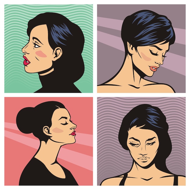 Set of cartoon comic pop art female portraits, vector image