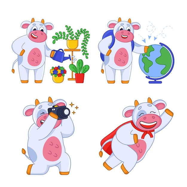 Set of cartoon cow taking photo travelling watering plants and flying