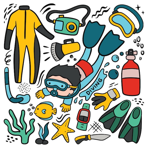 Set of Cartoon Diver and Equipment in Doodle Style Vector