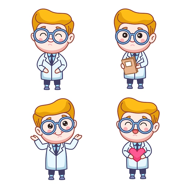 Set of cartoon doctor character smiling, holding notebook and heart, making helpless gesture