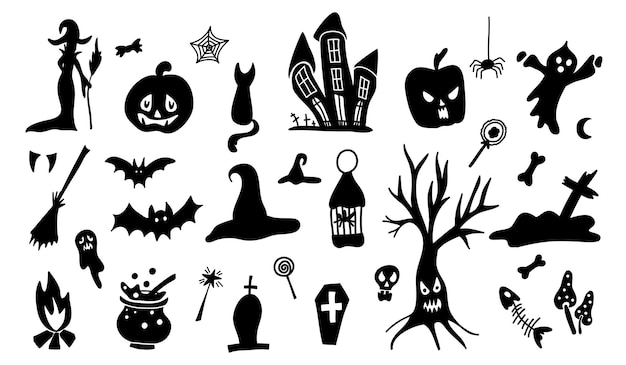 Set of cartoon doodle style silhouettes of Halloween