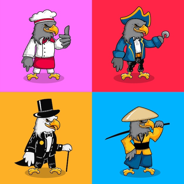 Set cartoon eagle character with four different costume