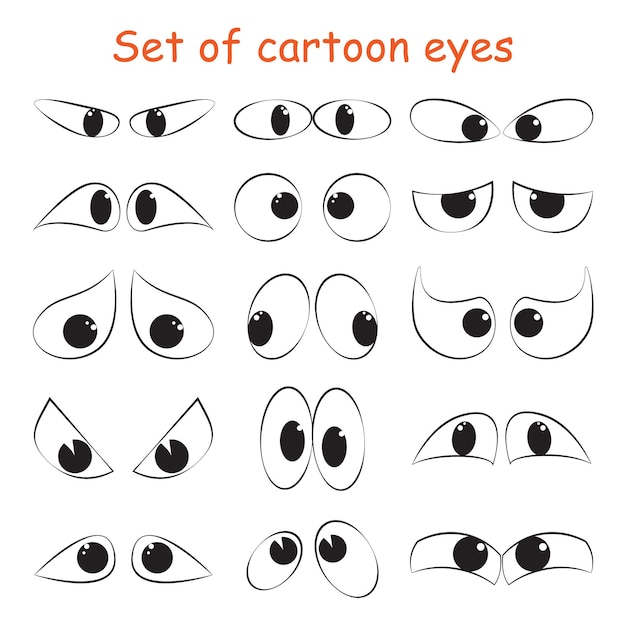 Set of cartoon eyeball emotions in sketch style Comic facial character doodle caricature human eye emotions Hand drawn outline design different moods symbols Funny vector isolated icons on white